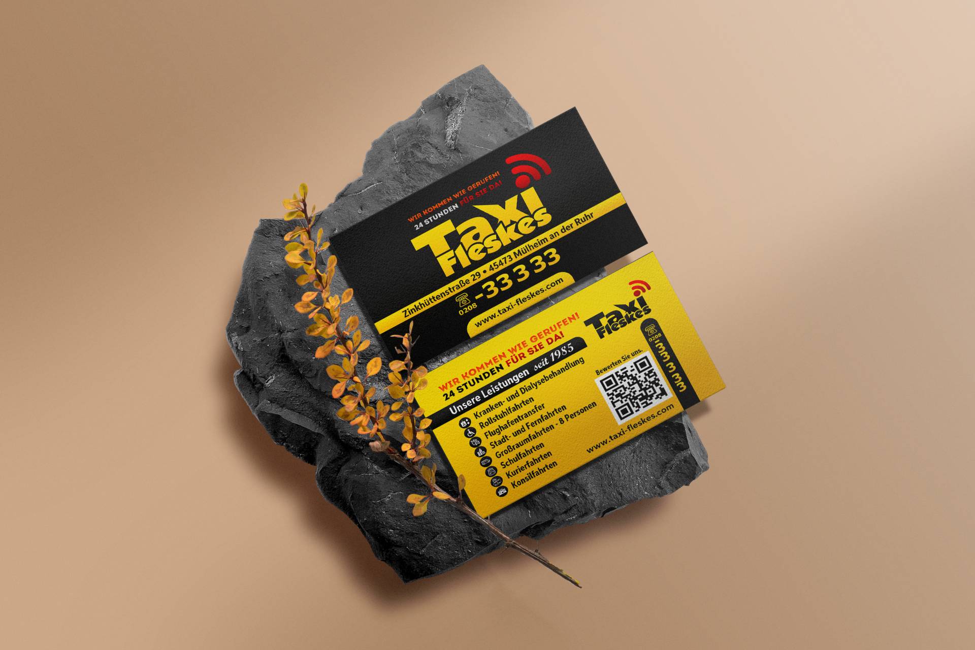 Clean minimal business card mockup on black stone with yellow plant background. PSD file.