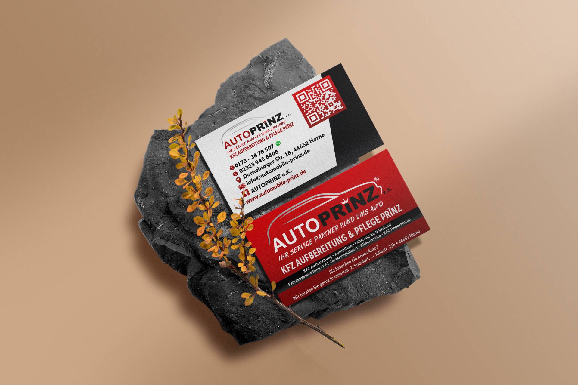 Clean minimal business card mockup on black stone with yellow plant background. PSD file.